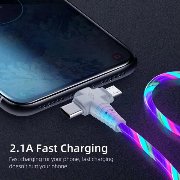 3in1 Flow Luminous Lighting cavo USB per Samsung 3 in 1 2in1 LED Micro USB Tipo C caricabatterie 8Pin filo per iPhone Huawei Xiaomi